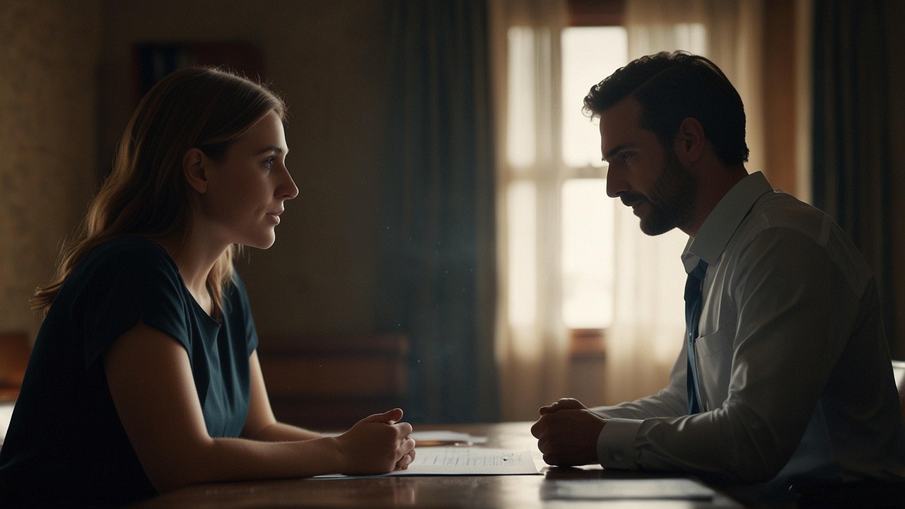 向き合って黙り込む夫婦