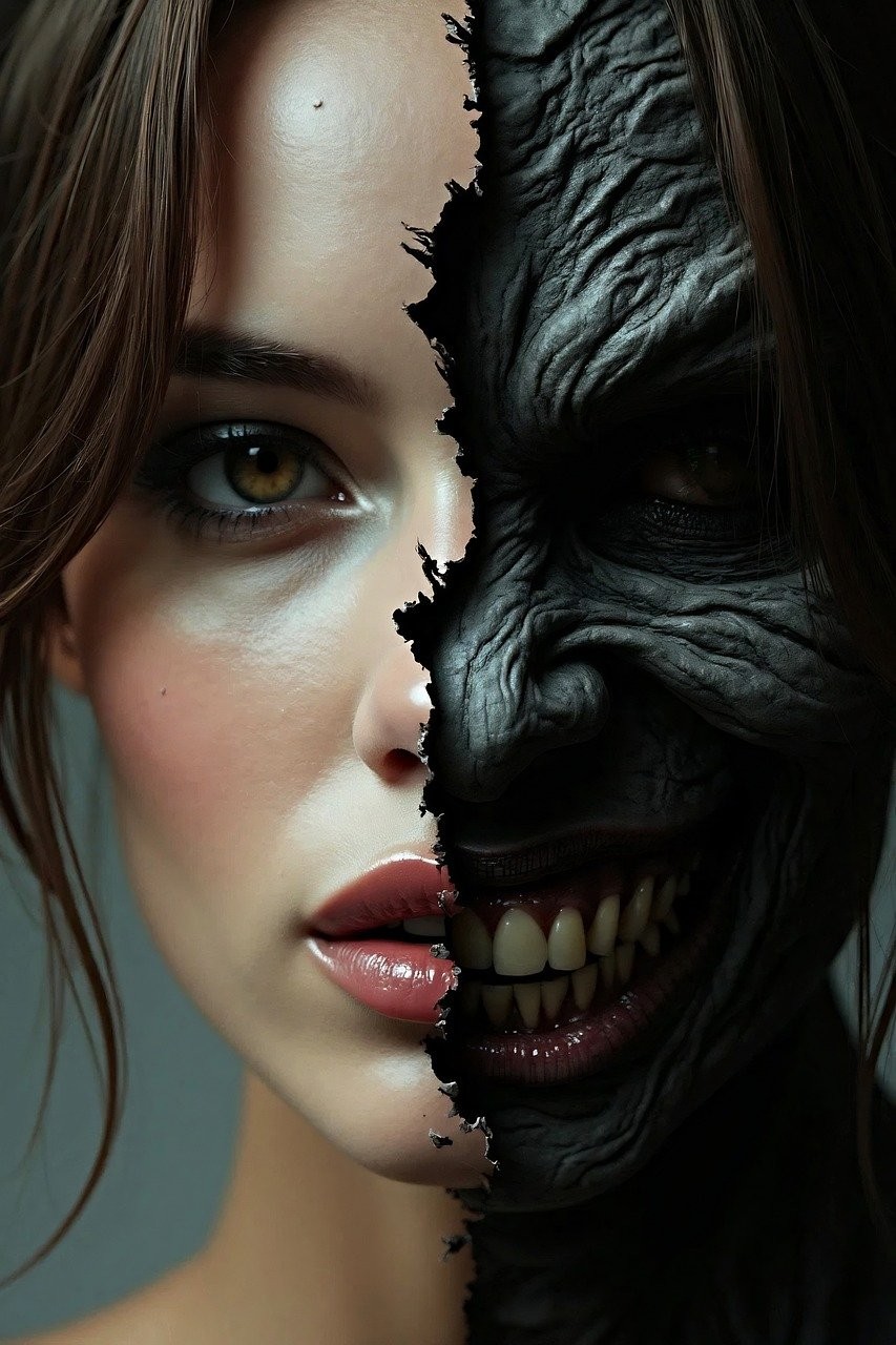 女性の顔半分が悪魔になっている